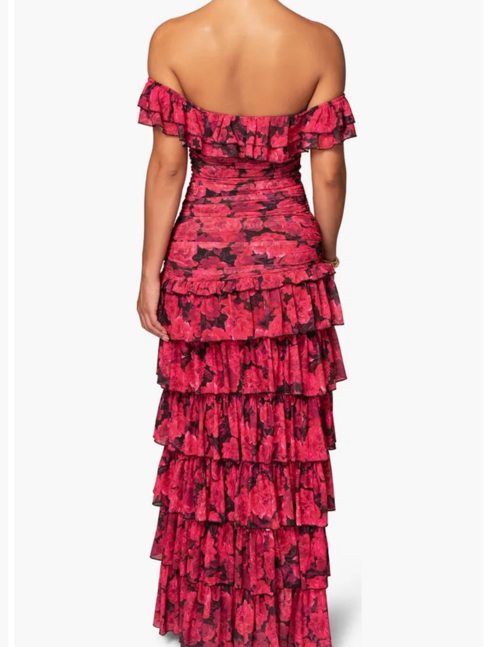 Off-Shoulder Red Floral Ruffle Maxi Dress - Picture 2 of 9